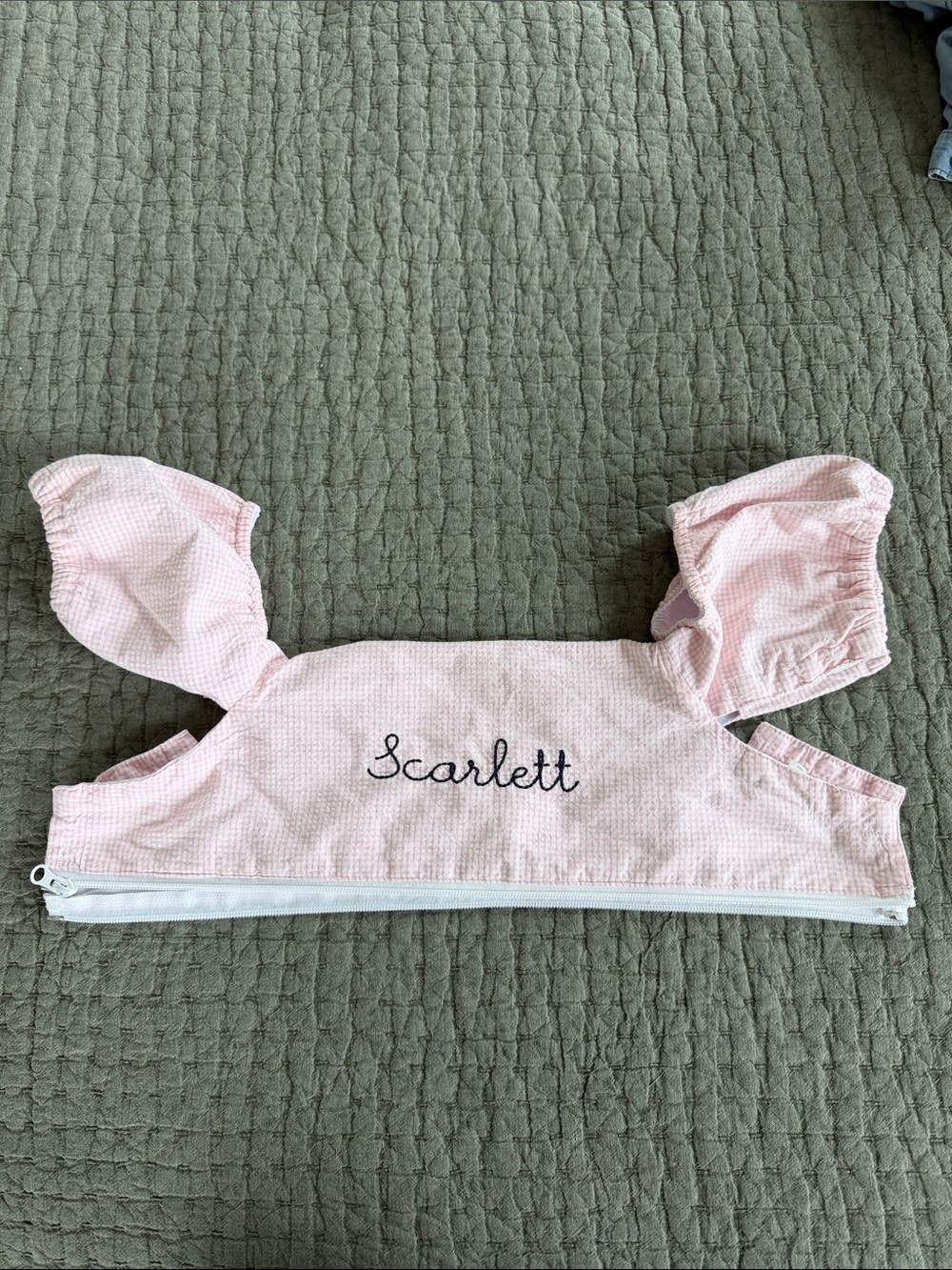 Charming Mary Embroidered Pink Seersucker Puddle Jumper Cover “Scarlett”